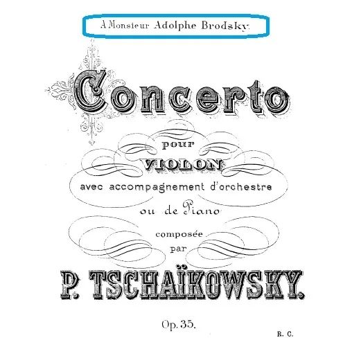 图.1888年于莫斯科出版的乐谱封面上方，标明(蓝框)受赠者莱比锡音乐院小提琴教授布罗兹基的名字